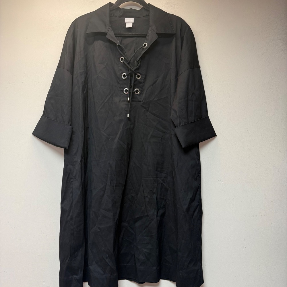 Chico's Shirt Dress‎ Womens 2 Black Excellent Lace Up Grommet Poplin 12141